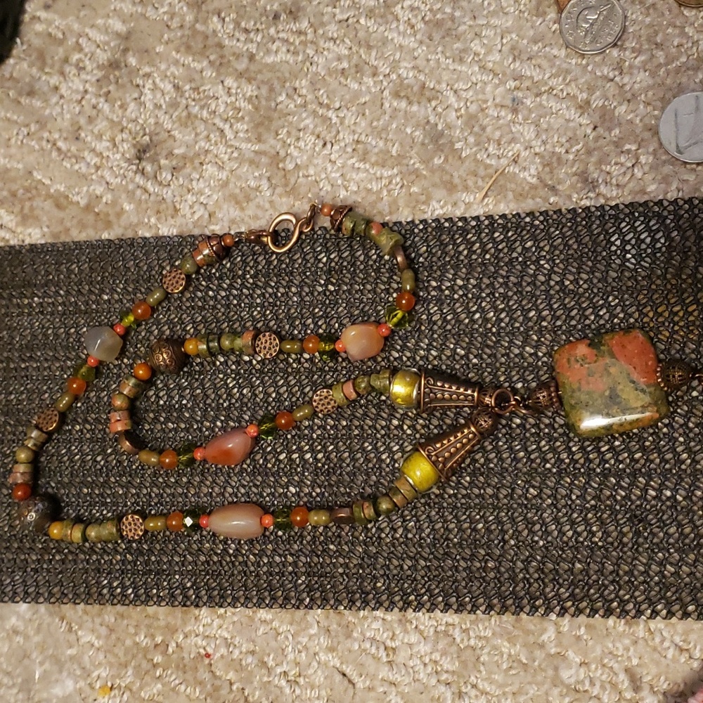Unakite multi semi precious stone necklace